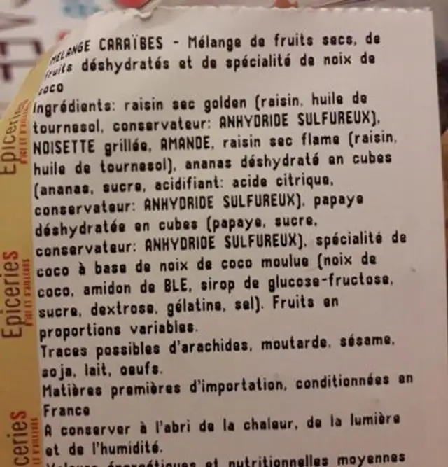 Mélange Caraibes ingredients label