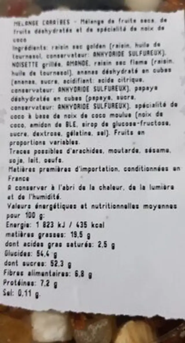 Mélange Caraïbes nutrition facts table