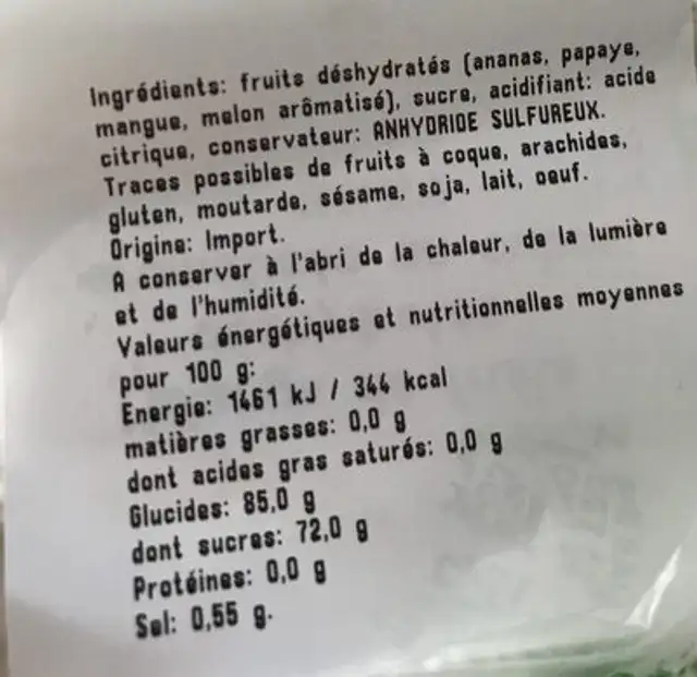 Melange de fruits sec ingredients label