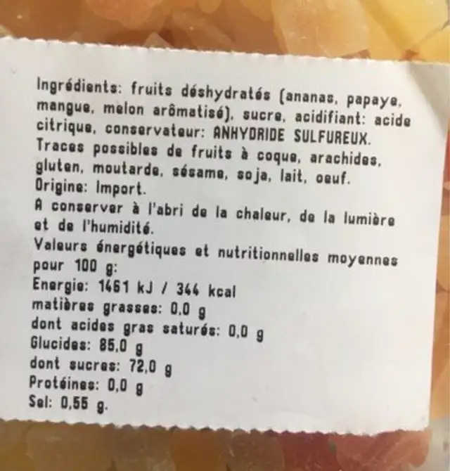 Cubes mélanges de fruits déshydratés ingredients label