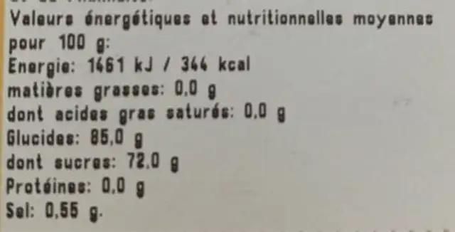 Mélange de fruits déshydratés aromatisés en cubes nutrition facts table