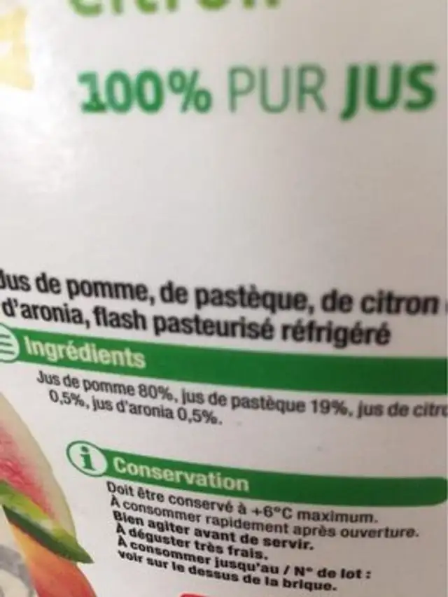 Jus pomme pasteque citron ingredients label