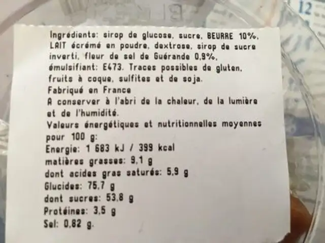 Caramels a la fleur de sel ingredients label