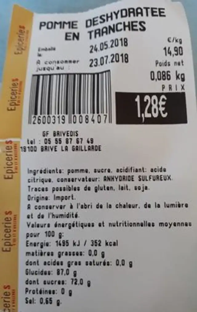 Pomme déshydratée ingredients label