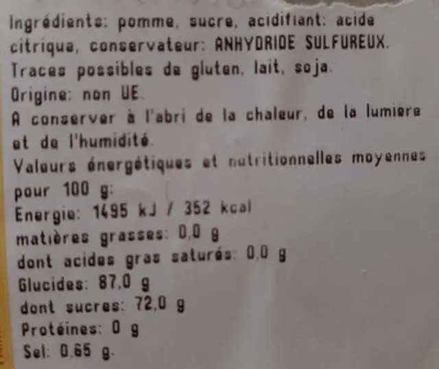 Pommes déshydratées en tranches nutrition facts table