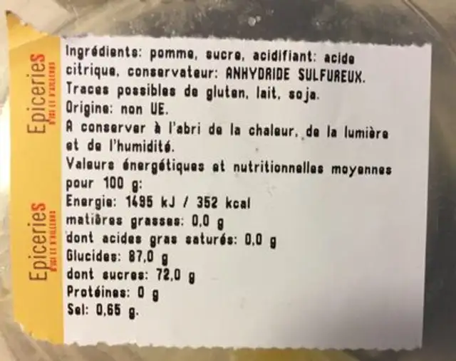 Pomme deshydratee en tranches ingredients label