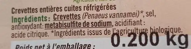 Crevette entières cuites ingredients label