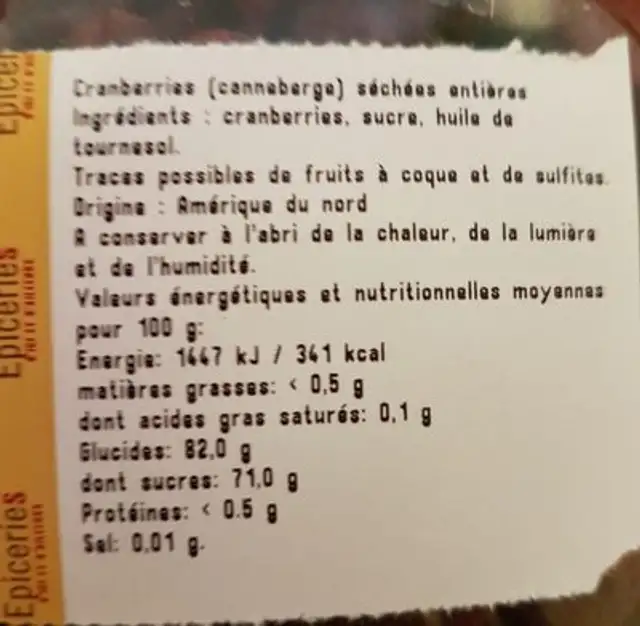 Cranberries séchées entiers ingredients label