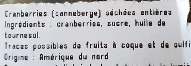 Cranberries séchées entières ingredients label