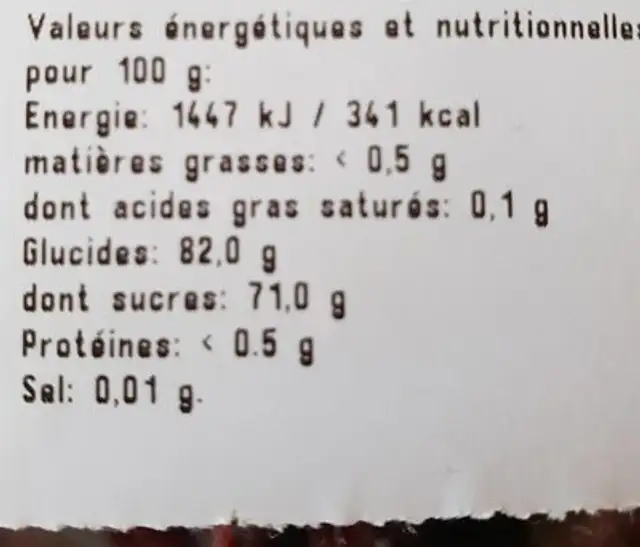 Cranberries séchées entières nutrition facts table