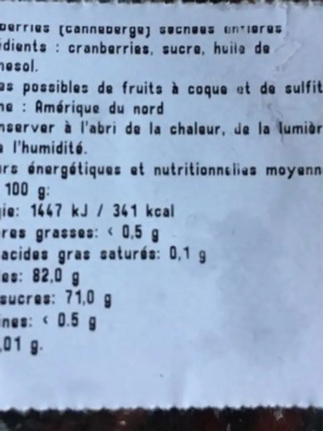 Cramberries sechees entieres ingredients label