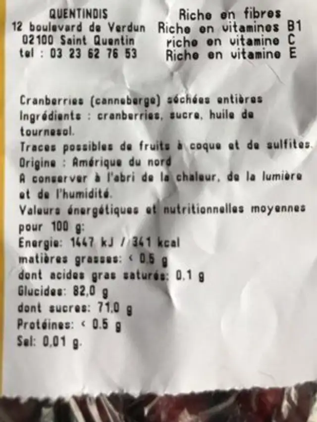 Cranberries entières ingredients label