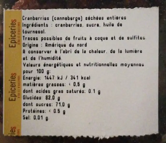 Cranberries Séchées Entières ingredients label