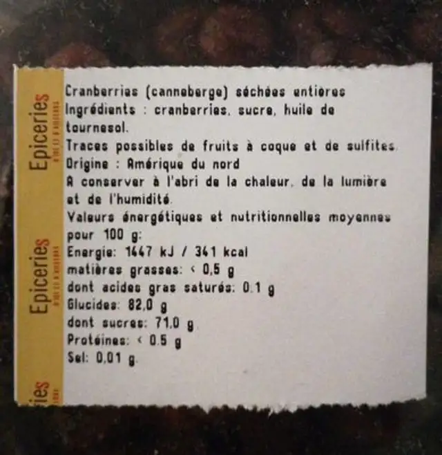 Cranberries Séchées Entières nutrition facts table
