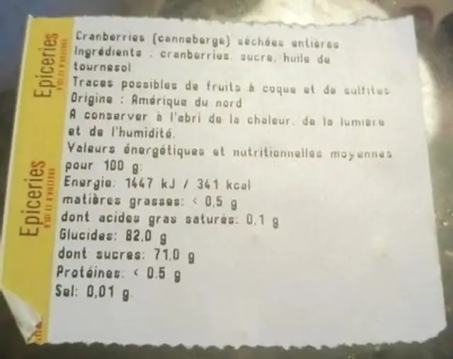 Cranberries séchées entières ingredients label