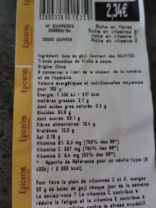 Baie de goji séchées ingredients label