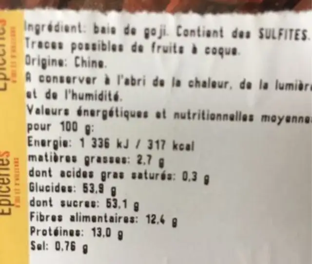 Baie de goji sechee ingredients label
