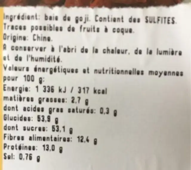 Baie de goji sechee nutrition facts table