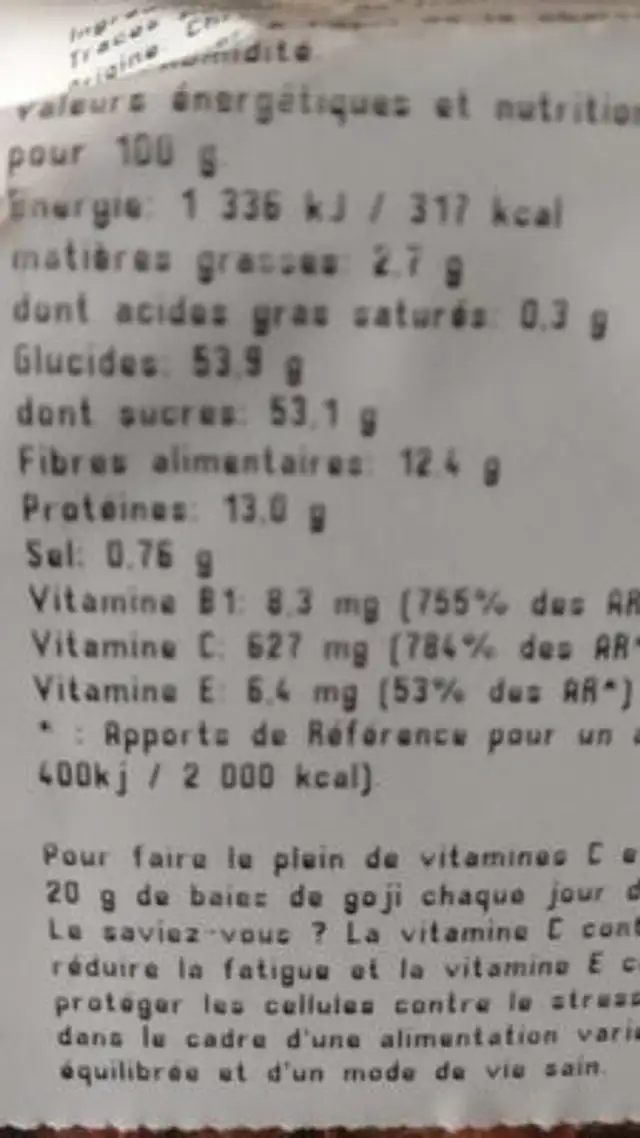 Baie de goji séchés ingredients label