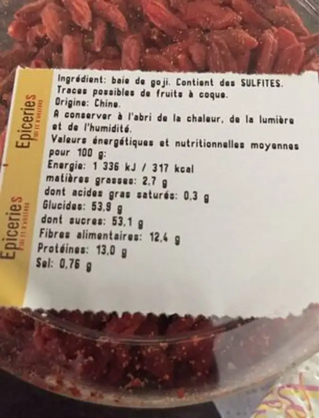 Baies De Goji Sechees nutrition facts table