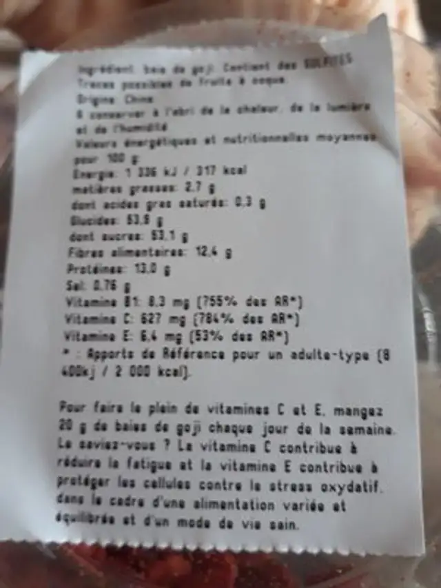 Baies de goji ingredients label