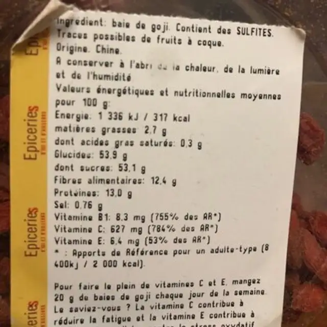 Baies de goji seches ingredients label