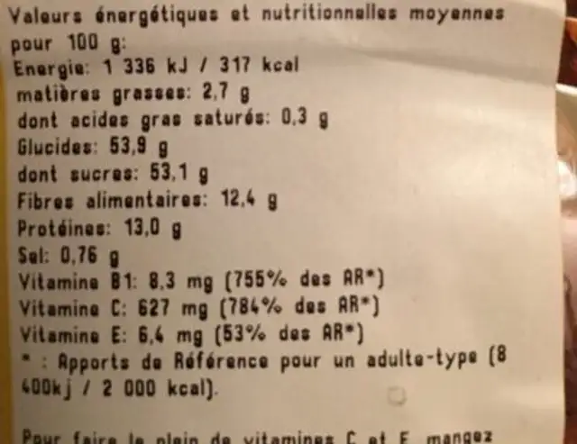 Baies de goji séchées ingredients label