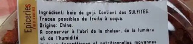 Baies de goji séchées ingredients label
