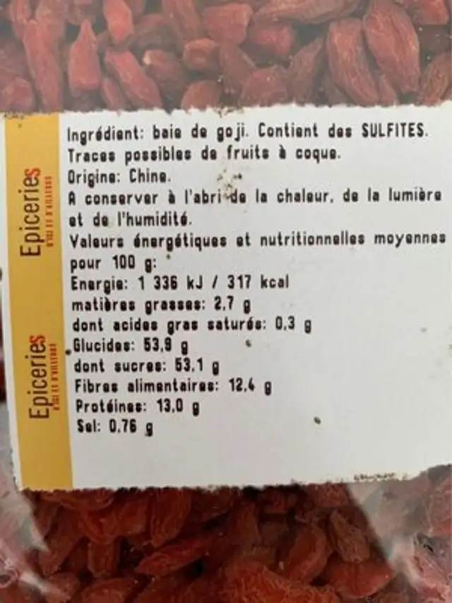Baie de Goji nutrition facts table