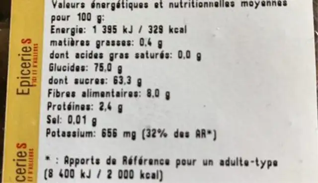 Datte branchée Deglet nutrition facts table