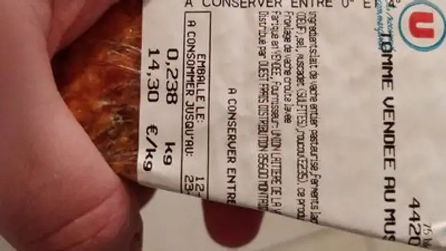 Tomme vendee ingredients label