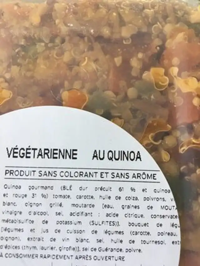Vegetarienne au suinoa ingredients label