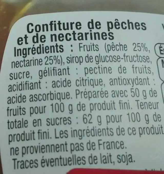Confiture Pêche Nectarine ingredients label
