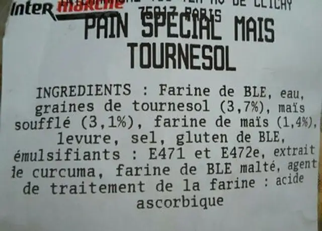 Pain Maïs Graines Tournesol ingredients label