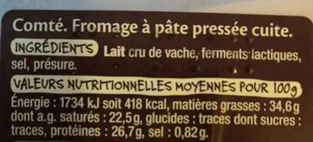 Comté 12 mois d'affinage minimum ingredients label