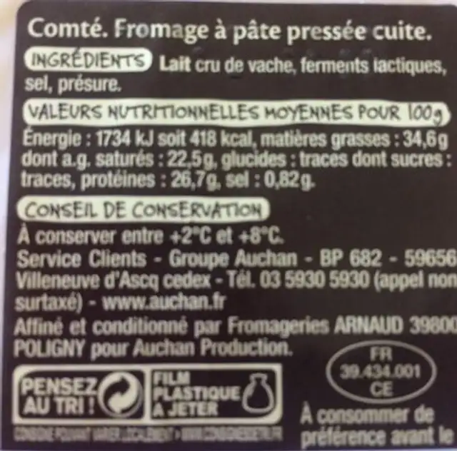 comté ingredients label
