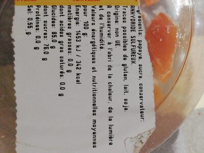 Papaye lamelle déshydratée nutrition facts table