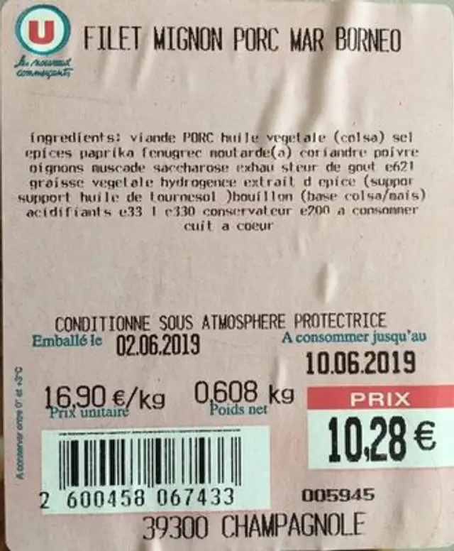 Filet mignon porc mar borneo ingredients label