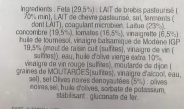 Salade grecque ingredients label