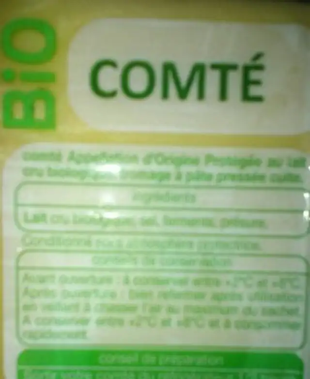 COMTE AOP Bio ingredients label