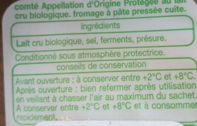 Comte AOP Bio ingredients label