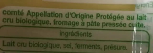 Comte bio ingredients label
