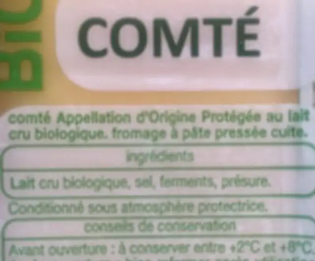 Comte ingredients label
