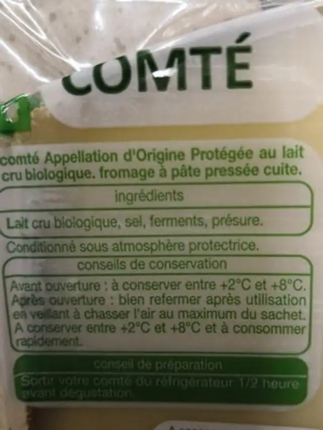 Comté ingredients label