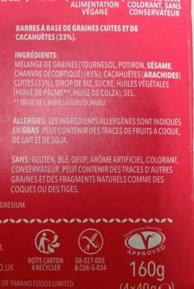 Nine cacahuète ingredients label