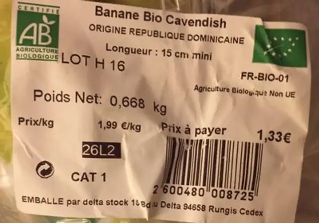 Banane bio cavendish ingredients label