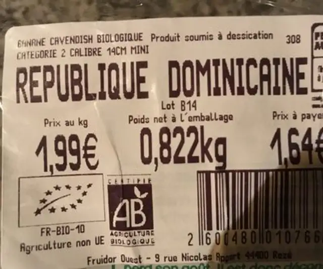Bananes ingredients label