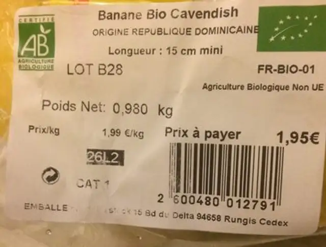 Banane bio Cavendish ingredients label