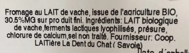 Tomette de Yenne ingredients label