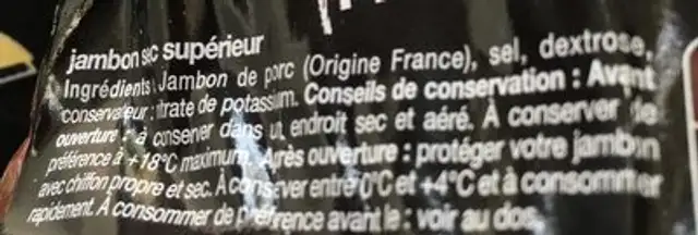 1/4 jambon sec ingredients label